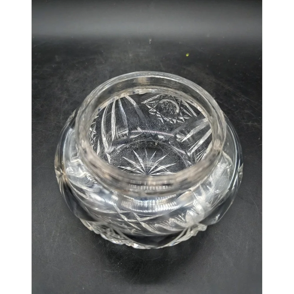 Antique Cut Glass Vanity Jar with Ornate Repousse Floral Metal Lid Starburst